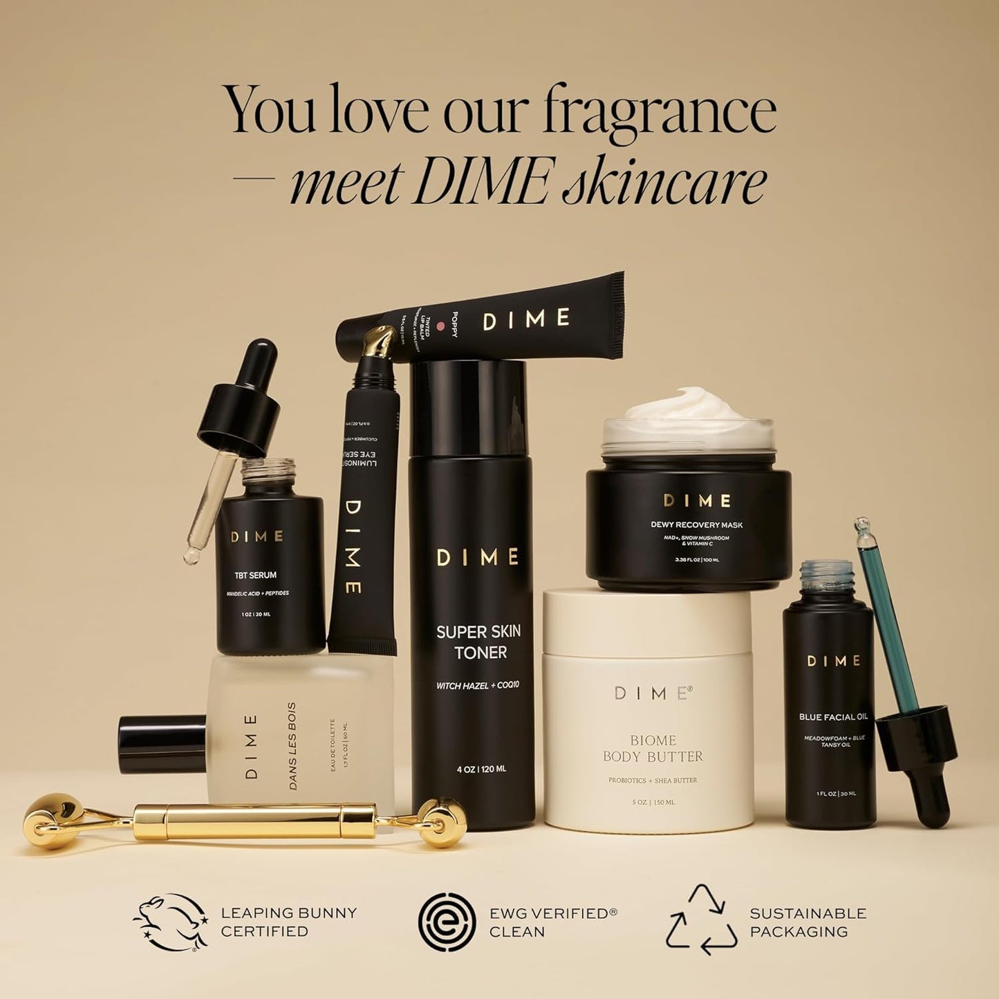 Clean beauty Dime Beauty perfume duo set on a vanity