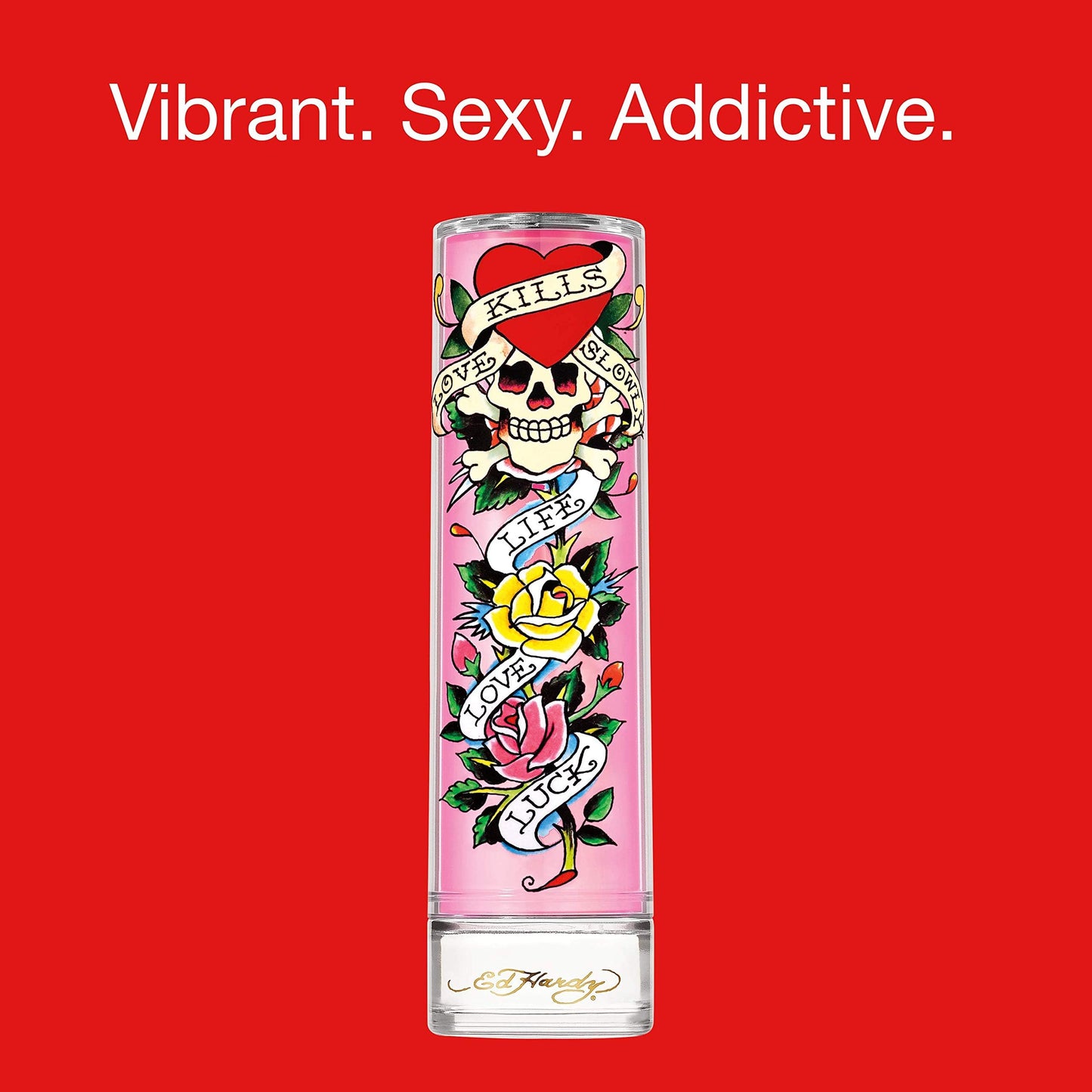 Side angle view of the premium glass Eau de Parfum bottle from the Ed Hardy fragrance collection
