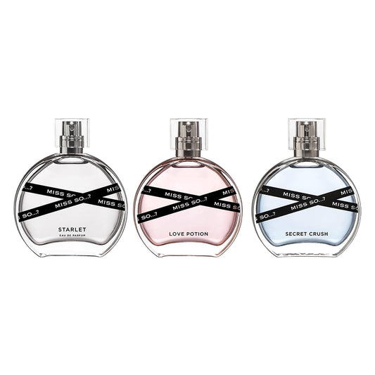Miss So Starlet Love Potion and Secret Crush fragrance bottles on a clean background