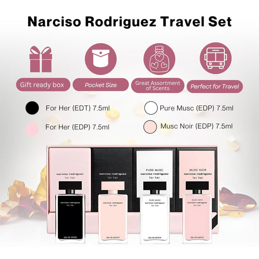 Narciso Rodriguez 4 piece fragrance collection showcasing individual luxury travel sized bottles on a clean background.