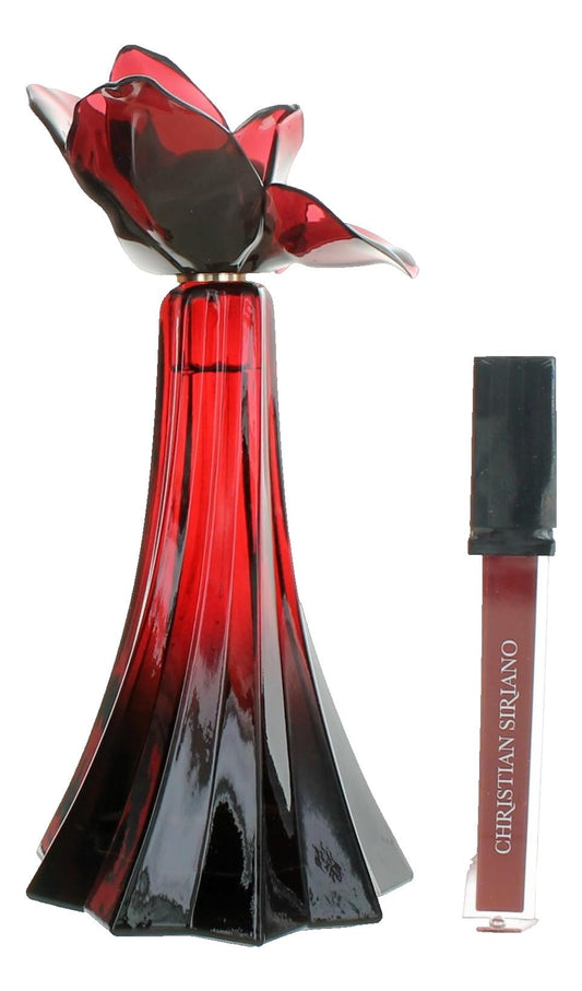 Christian Siriano Ooh La Rouge Exclusif perfume spray and high shine red lip gloss on a premium display background