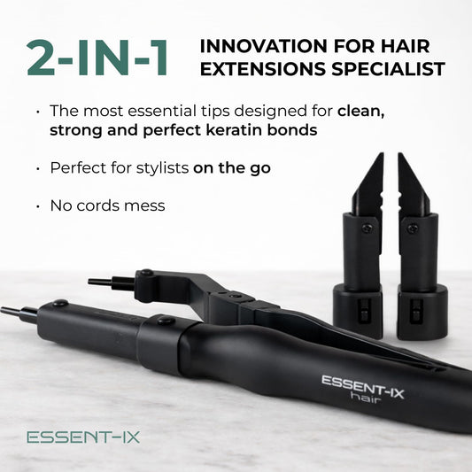 Essent-Ix professional keratin melting connector wand demonstrating the interchangeable tips for U-tip and K-tip extensions.