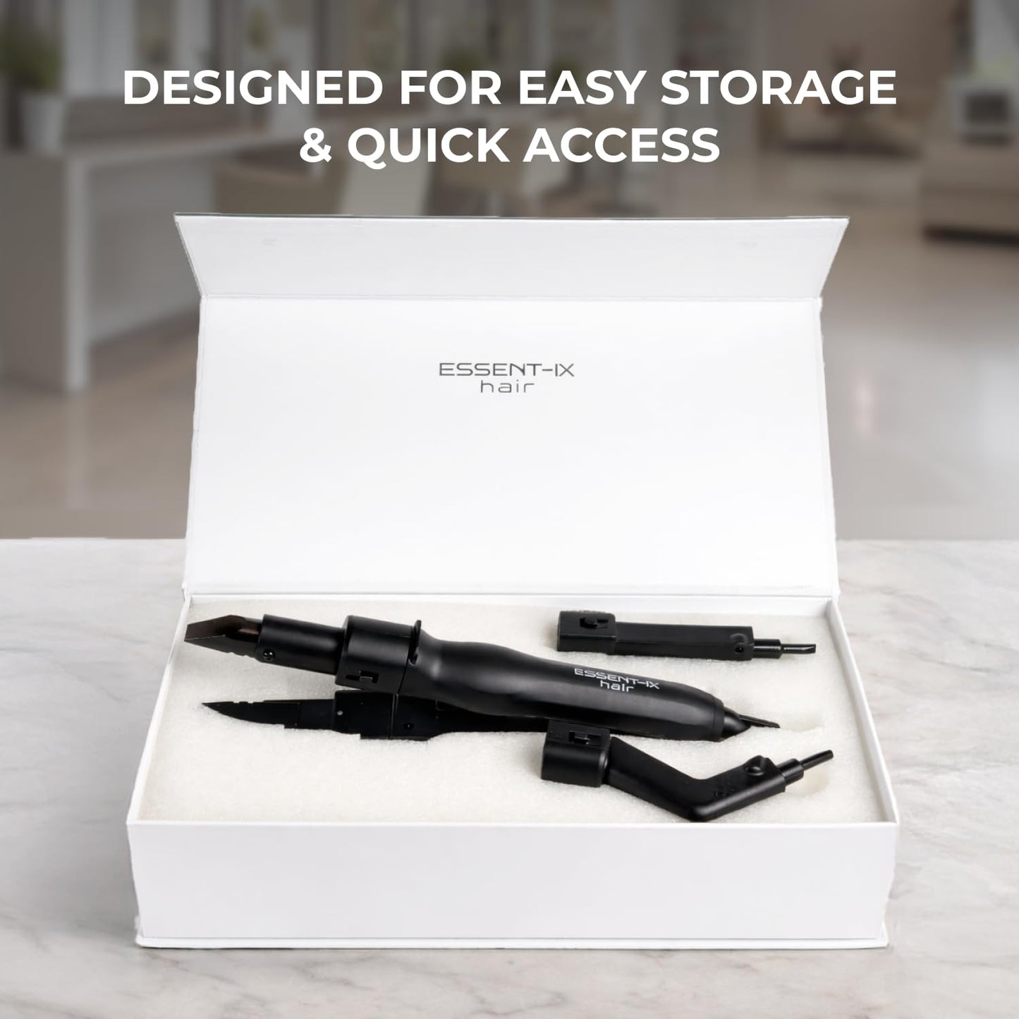 Authentic Essent-Ix imported hair extension connector wand showcasing its complete rapid heating premium salon packaging.