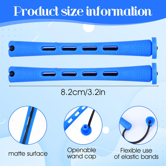 Close up of 0.35 inches blue cold wave hair rollers showing the integrated rubber band