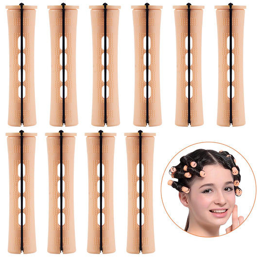 Close up view of the elastic rubber band on the light yellow hair rollers