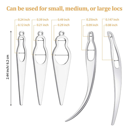 Five different sizes of silver sisterlock retighten needles lying flat