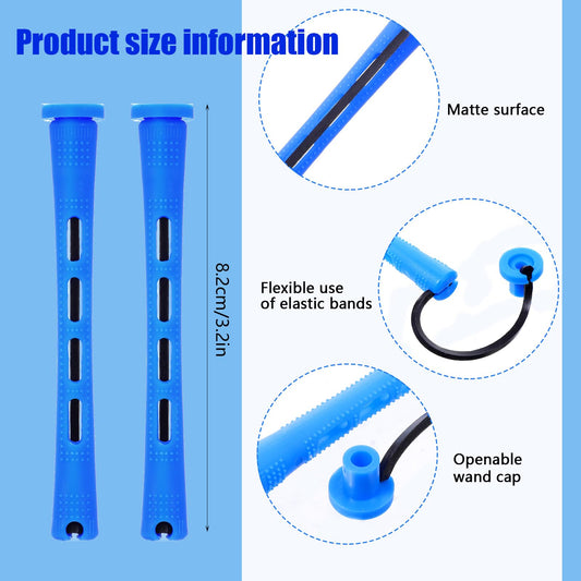 Close up shot of blue 0.35 inch heatless curling rods with attached rubber bands