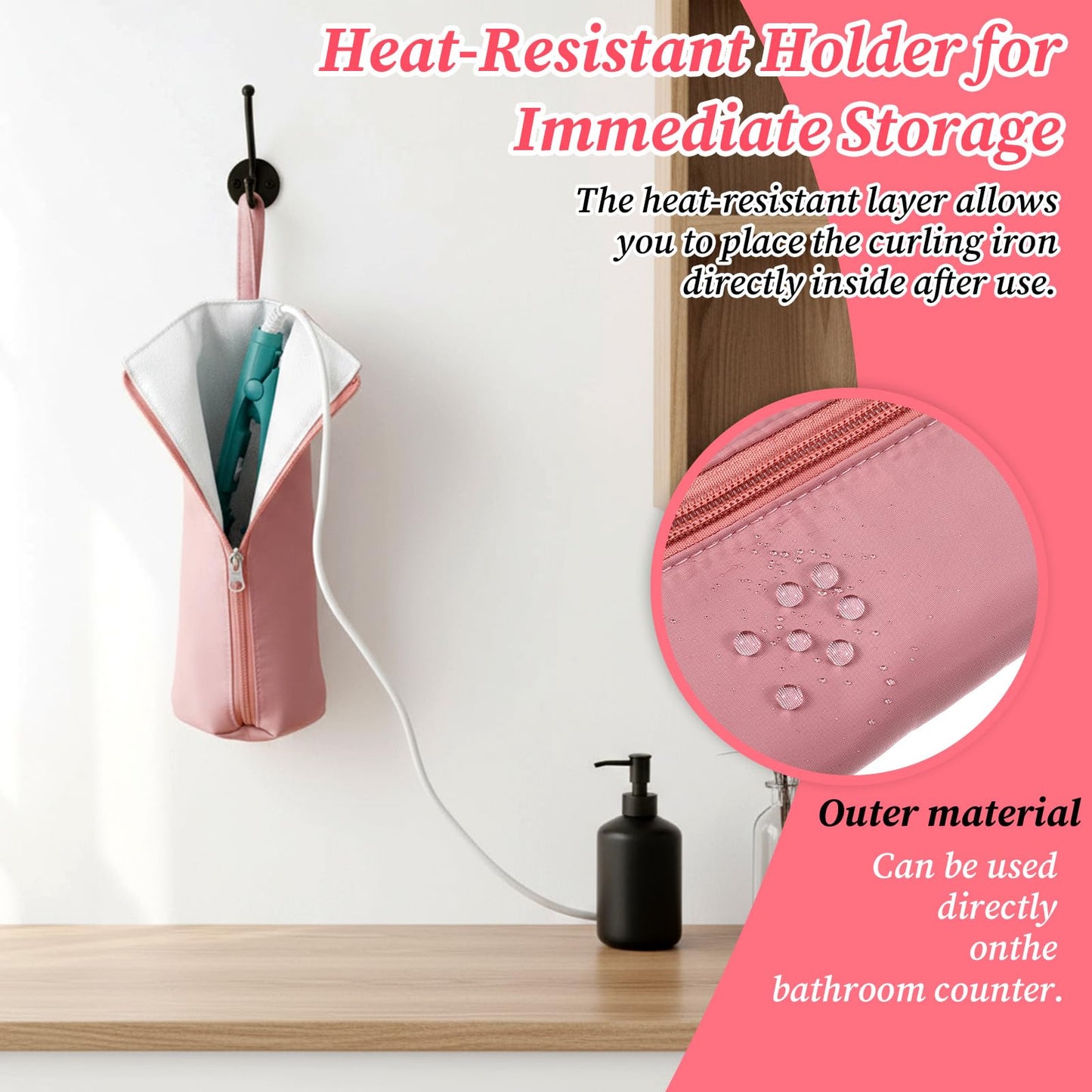 Vctitil pink hair tool storage bag showcasing the durable stitching and premium zipper pull.