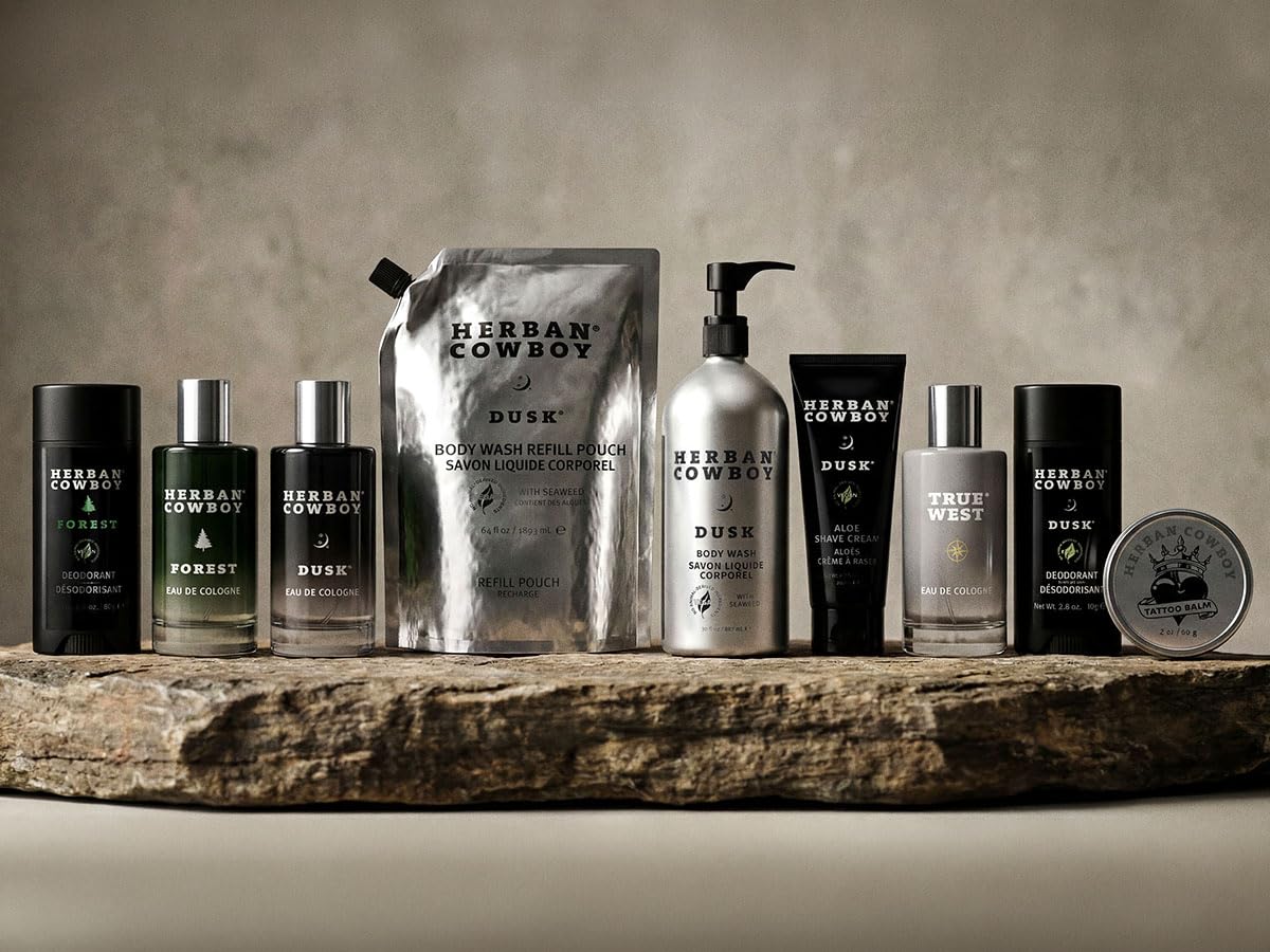 Close up of Herban Cowboy Dusk cologne bottle branding