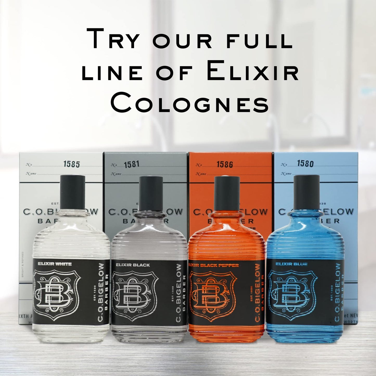 C.O. Bigelow Elixir Blue branding on bottle label