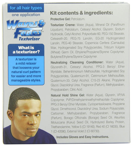 Side view of the Duke texturizer box detailing product benefits and hair type compatibility.