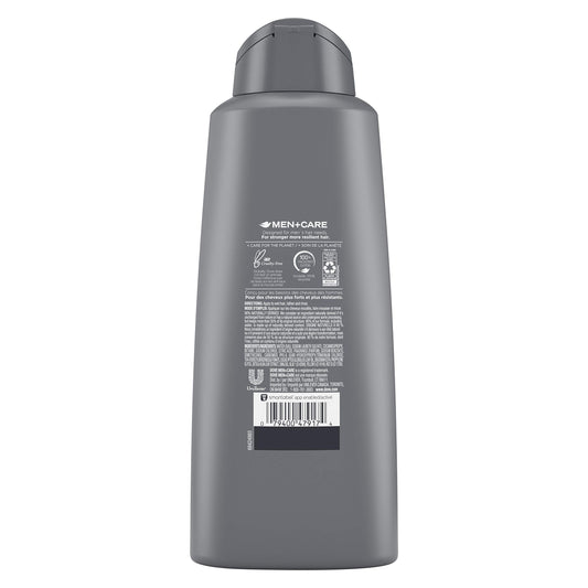 Close up of Dove Men Plus Care 2-in-1 bottle showing Eucalyptus and Birch labeling