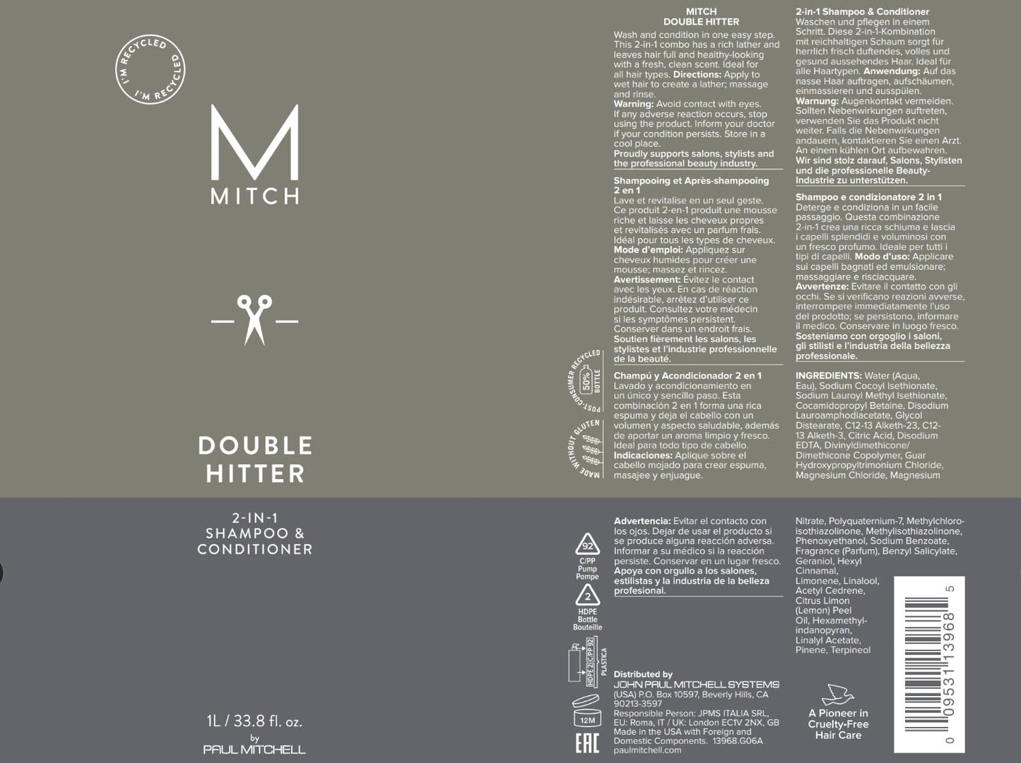 Side view of Paul Mitchell Mitch Double Hitter premium daily grooming wash for all hair types