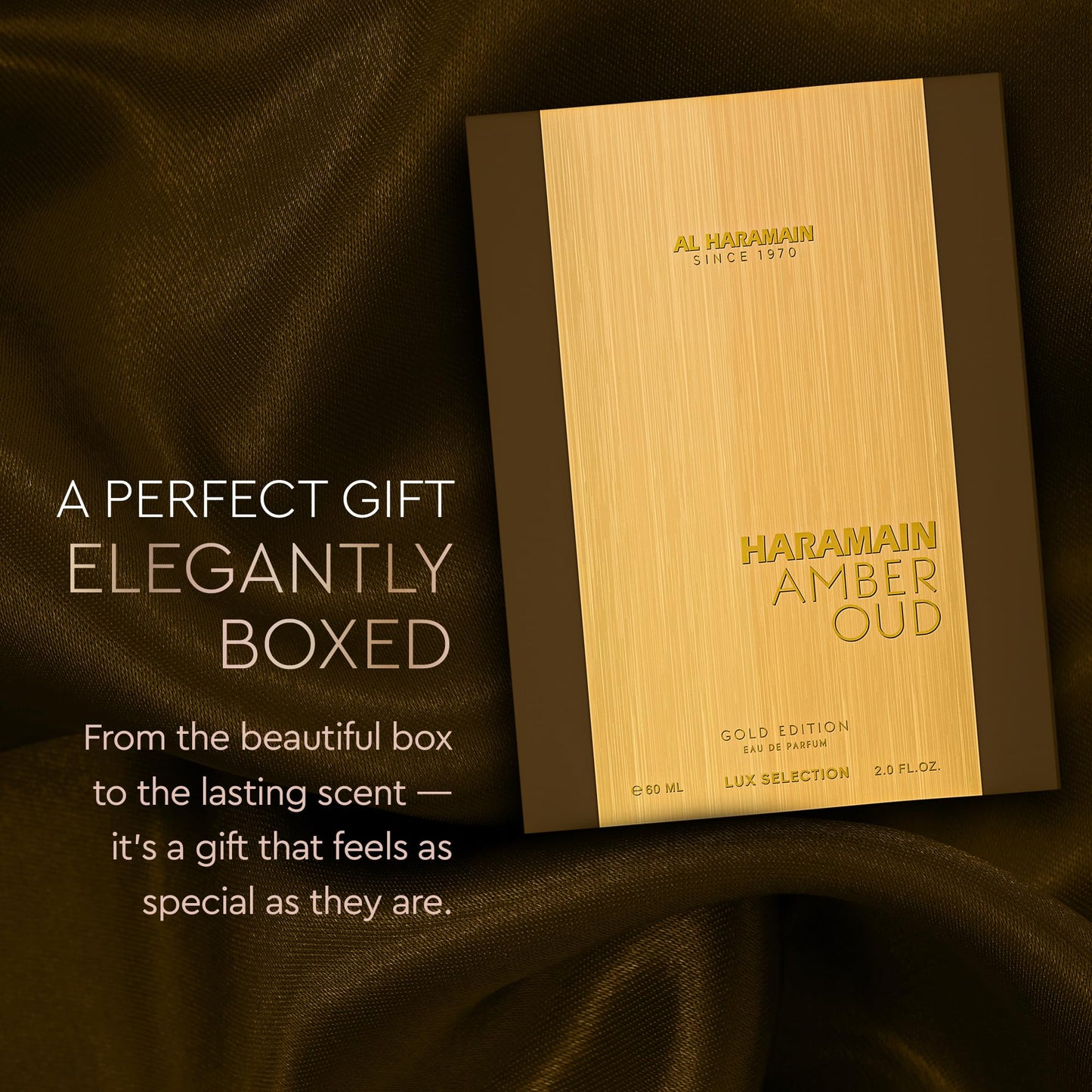 Side angle view of the authentic Al Haramain Amber Oud Gold Edition luxury unisex perfume bottle.