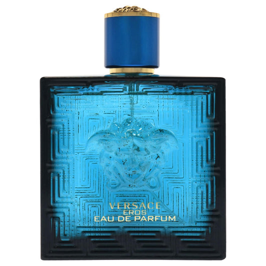 Side angle of Versace Eros Pour Homme fragrance bottle showcasing the embossed Medusa logo