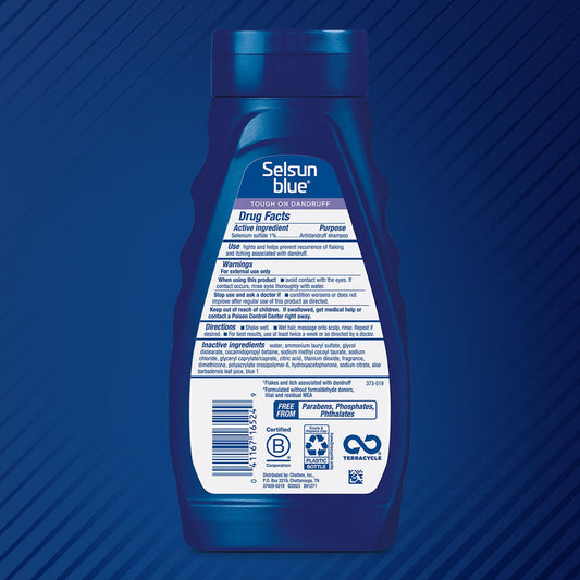 Selsun Blue maximum strength 11 ounce dandruff shampoo bottle label
