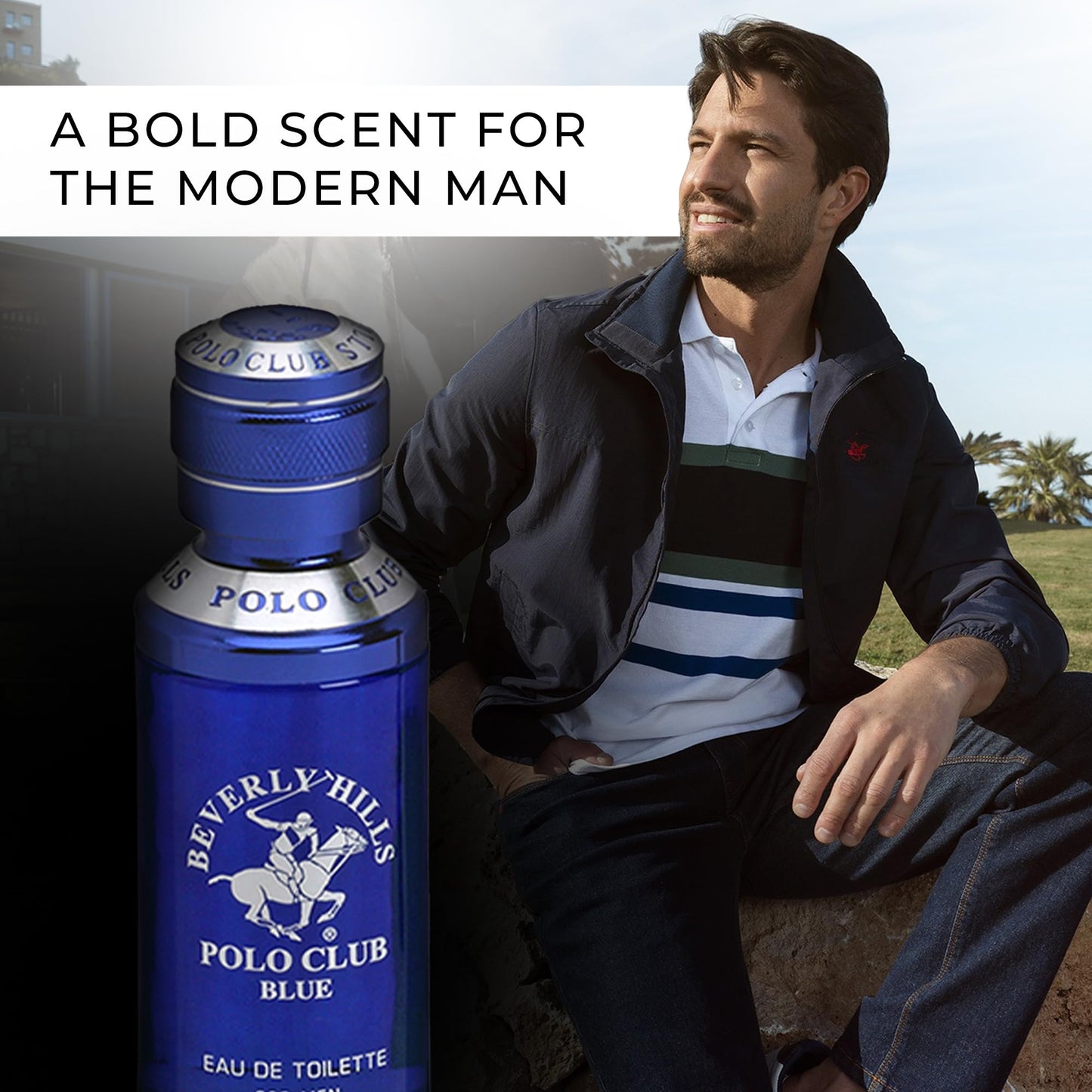 Beverly Hills Polo Club Blue masculine signature scent bottle top view spray mechanism