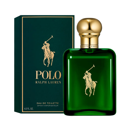 Ralph Lauren Polo classic green glass cologne bottle showcasing the rich woody and spicy fragrance color.
