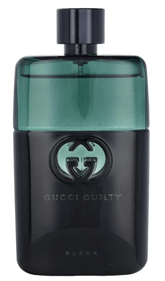 Side angle of the three ounce Gucci Guilty Black Pour Homme men's perfume bottle highlighting the green and black glass design.