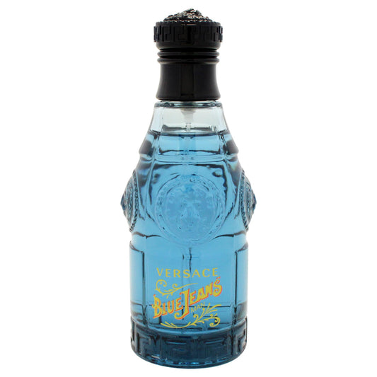 Versace Blue Jeans Men perfume bottle standing next to its authentic blue metallic designer display container.