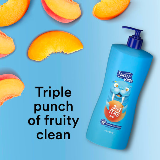 Suave Kids tear free body wash shampoo and conditioner 28 Ounce packaging details and benefits label.