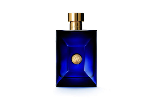 Versace Dylan Blue Eau De Toilette 6.7 Ounce blue bottle with gold medusa medallion packaging
