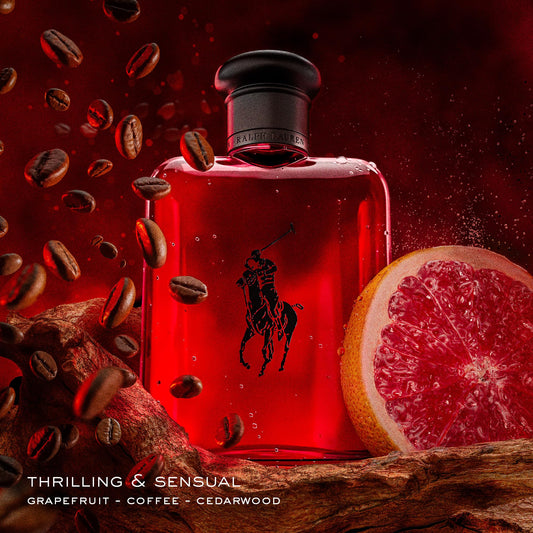 Ralph Lauren Polo Red mens cologne bottle displaying the distinct pony logo on the glass