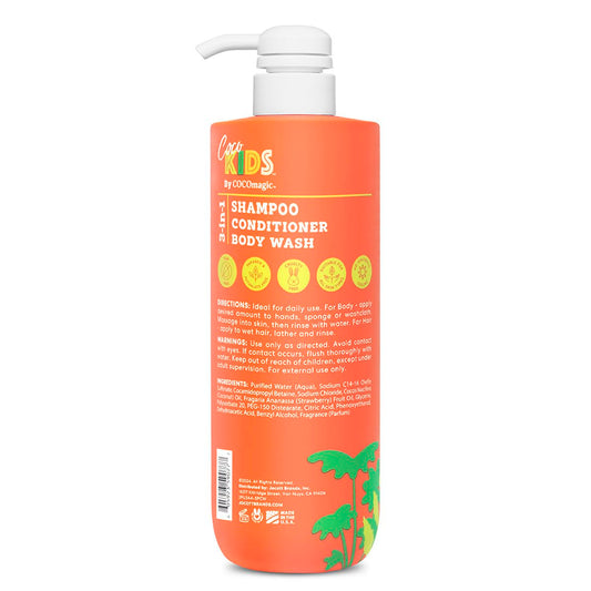 Cocomagic Cocokids coconut strawberry tear free cleanser bottle displaying product labels