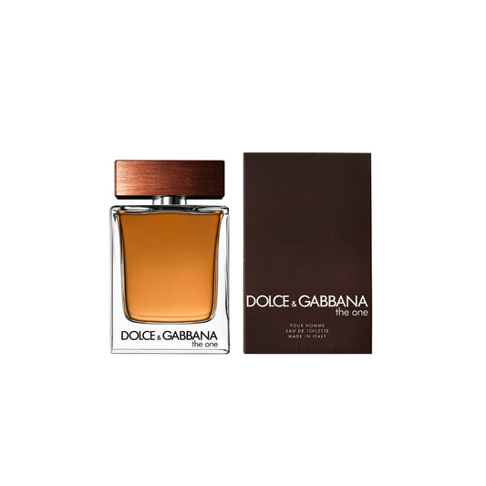 The glass bottle packaging of Dolce and Gabbana The One cologne for men showcasing clean geometric design lines.