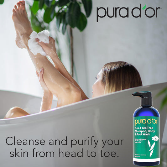 Organic tea tree oil shampoo and body wash for active lifestyle hygiene.