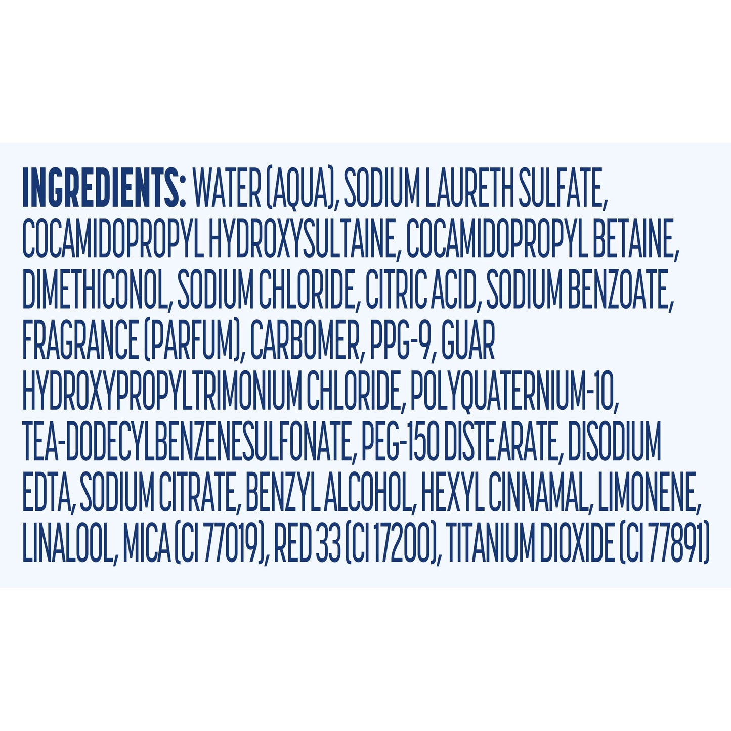 Close up view of the ingredients and instructions label on the Suave Kids 28 fluid ounce bottle