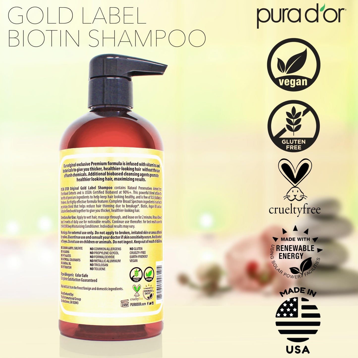 Close up of Pura D'or shampoo label with botanical ingredient list