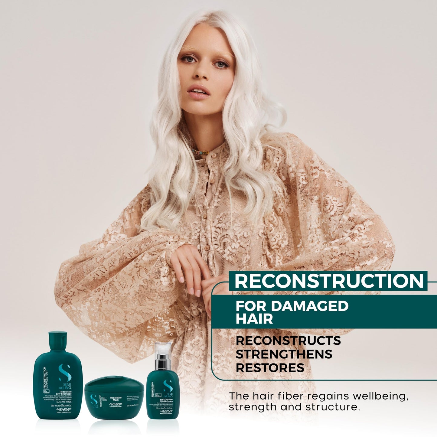 Alfaparf Milano hair repair lotion treatment display showing bamboo marrow and flaxseed extract ingredients benefits.
