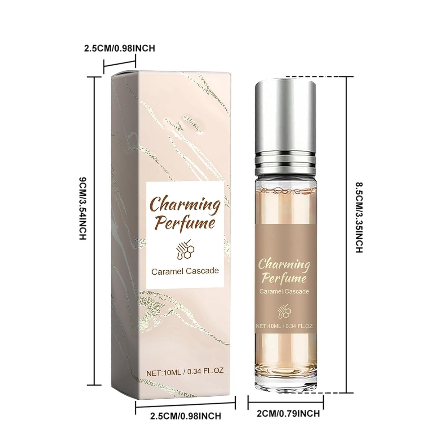 Three pieces of Qianvly Taskeen Caramel Cascade travel size eau de parfum displayed together.