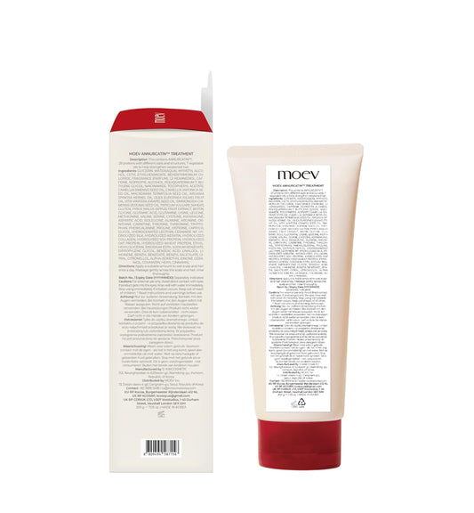 Side angle of the Moev Korean apple hair care bottle detailing the fluid ounce size and benefits.