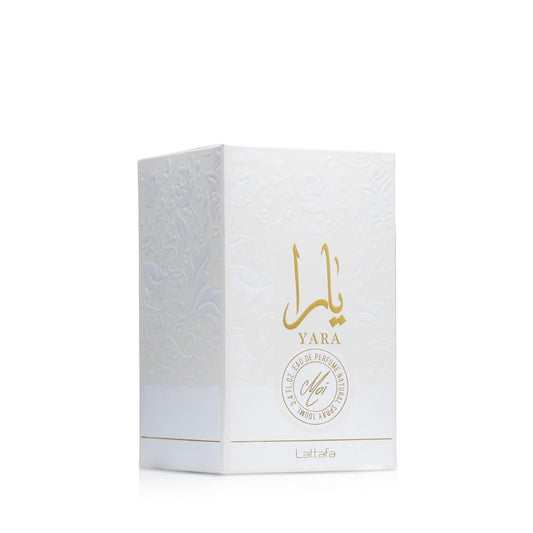 Lattafa Yara Moi perfume bottle showing detailed gold wrap design