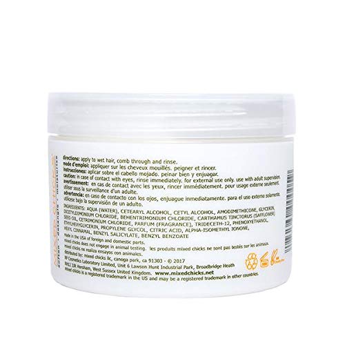 Back label view of authentic Mixed Chicks deep hair treatment cream showing ingredients and directions