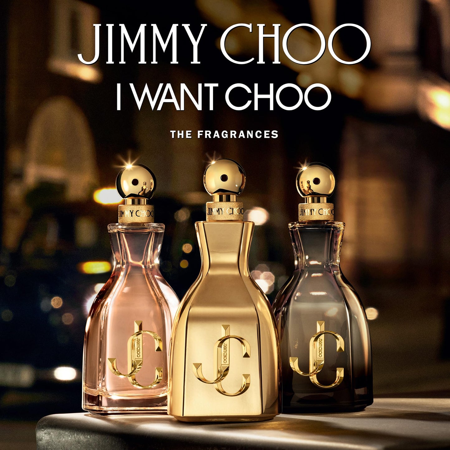 Jimmy Choo I Want Choo Eau de Parfum bottle showcasing the gold monogram details