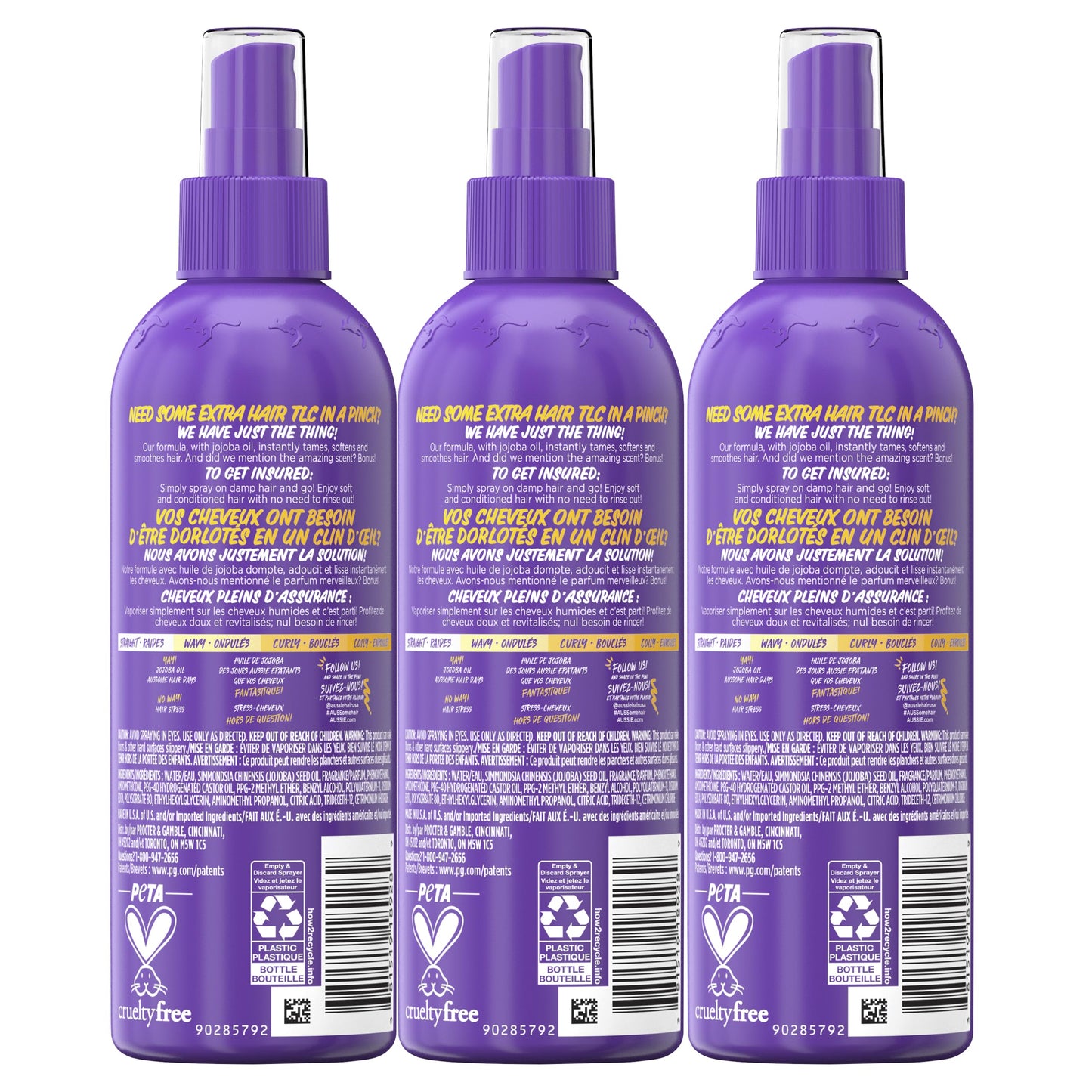 Aussie Hair Insurance Leave In Conditioner Spray three pack stored securely for travel