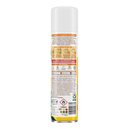 Waterless hair refresh spray by Batiste featuring coconut and exotic jasmine fragrance notes.