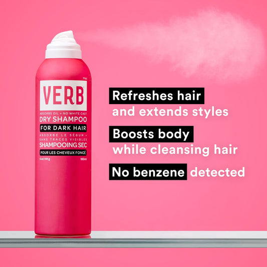 Close up of Verb Dry Shampoo Dark branding and spray nozzle