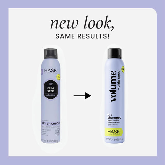 Hask dry shampoo bottle showing chia seed ingredient branding
