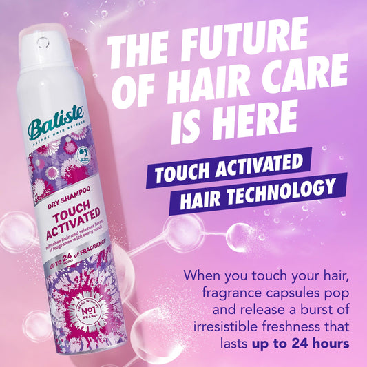 Batiste dry shampoo bottle showing touch activated technology