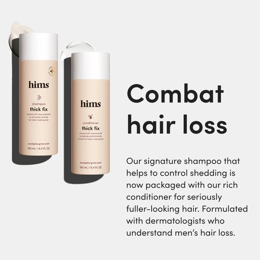 Hims Thick Fix hair care set detailing the saw palmetto and niacinamide ingredients on packaging