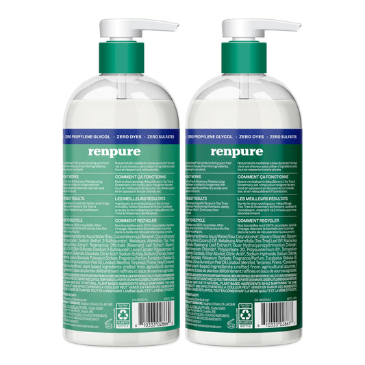 Renpure rebalancing hair care duo bottles displaying the ingredient list and zero sulfate claims