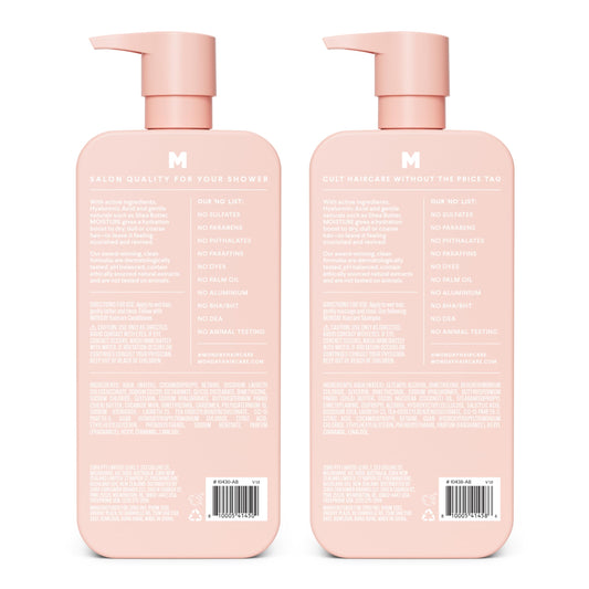 Close up of the pump dispensers on the Monday Haircare twenty seven ounce moisturizing set.