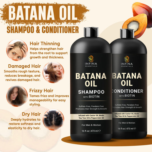 Infina Essentials hair strengthening duo featuring Batana oil, biotin, and tea tree oil ingredients