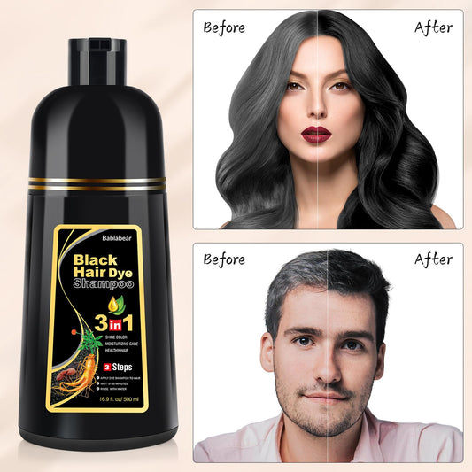 Bablabear 3 in 1 semi permanent black hair color shampoo bottle on a clean background for men and women