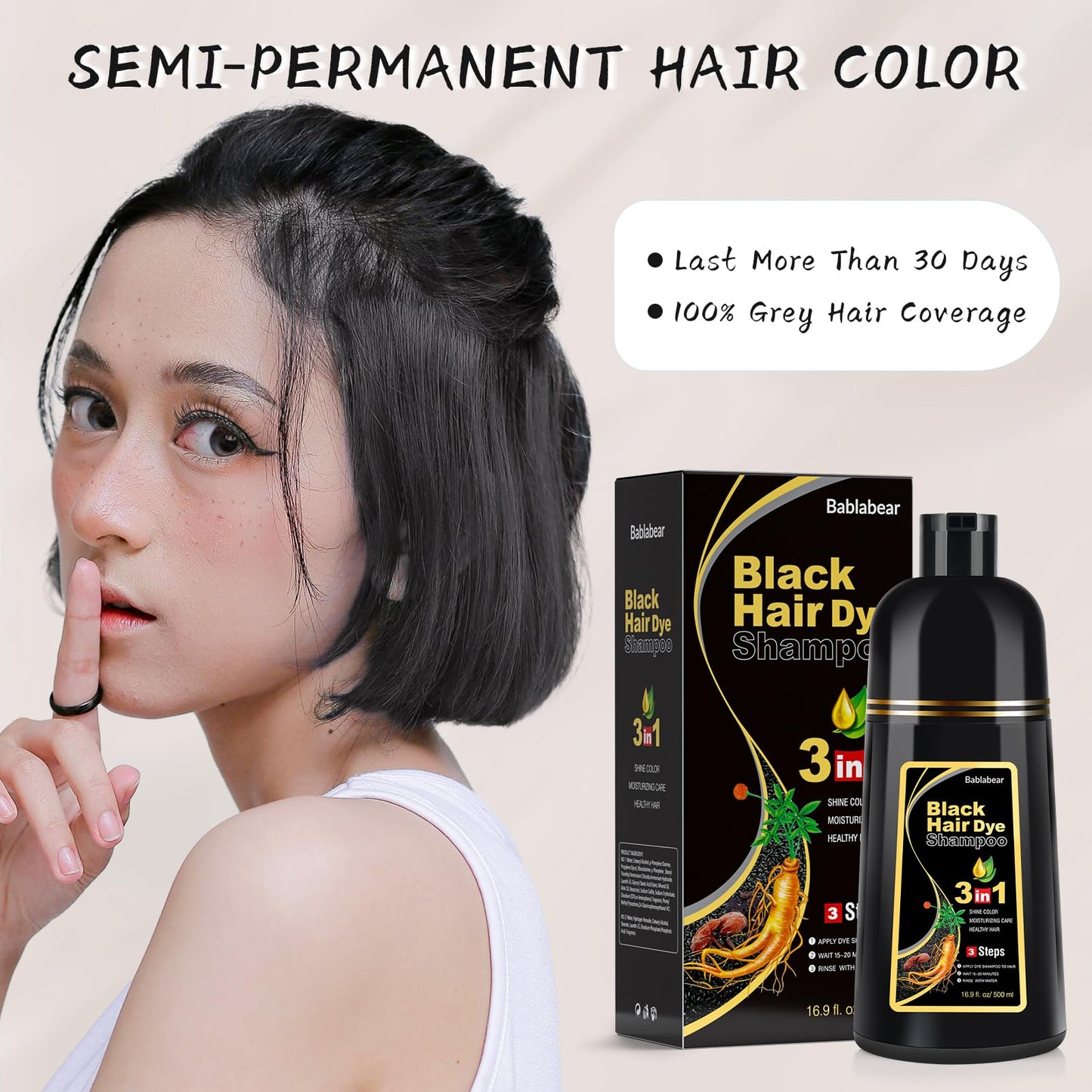 Bablabear natural black hair color shampoo pump bottle demonstrating easy 3 in 1 application steps