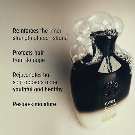 Back label of Oribe Gold Lust Repair And Restore Shampoo 8.5 fluid ounce with ingredient list and directions.
